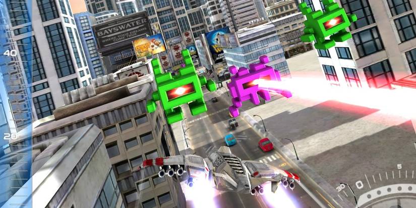 Jet Run City Defender blocky ships zipping across a sci fi city above road