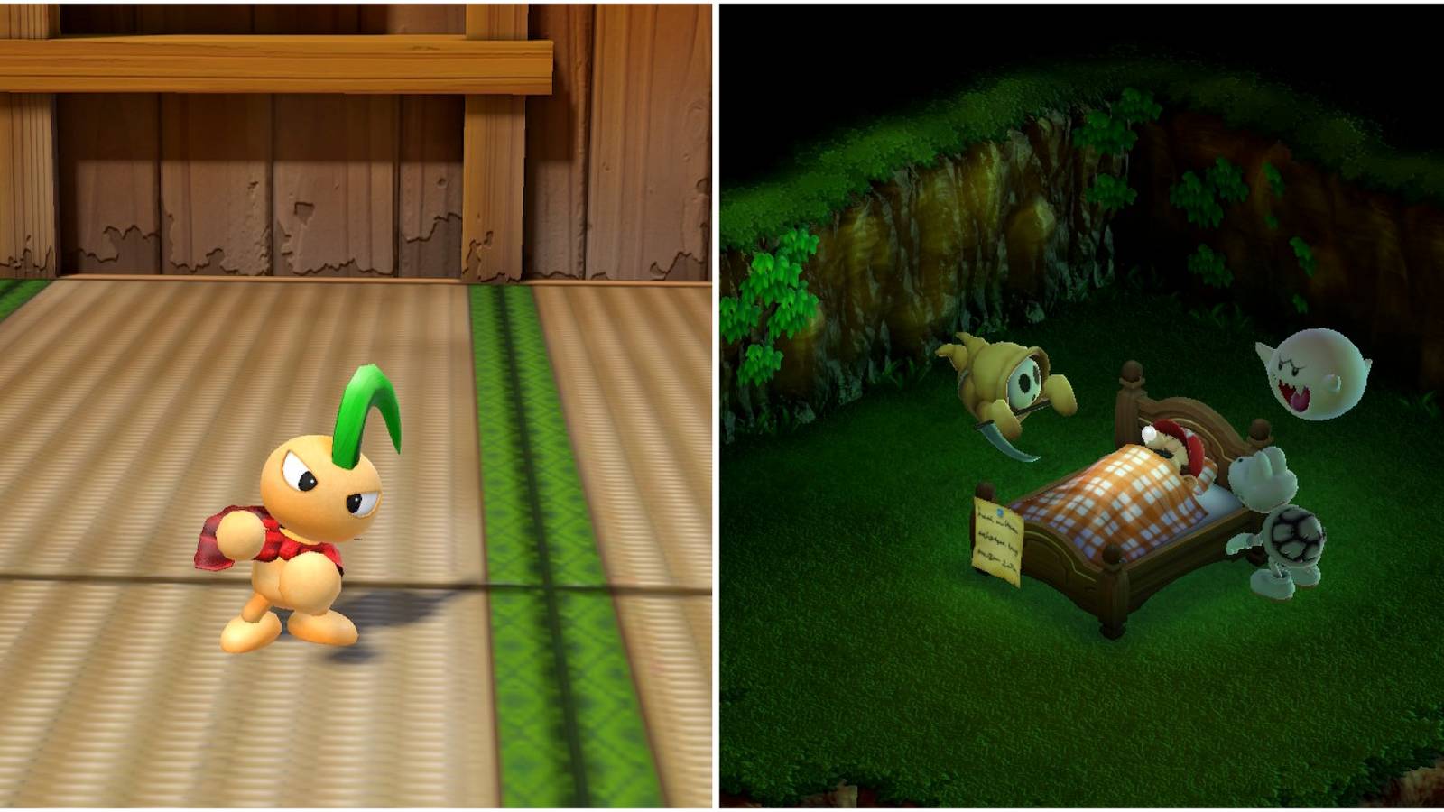 Jinx and the Three Musty Fears visiting Mario in bed in Super Mario RPG