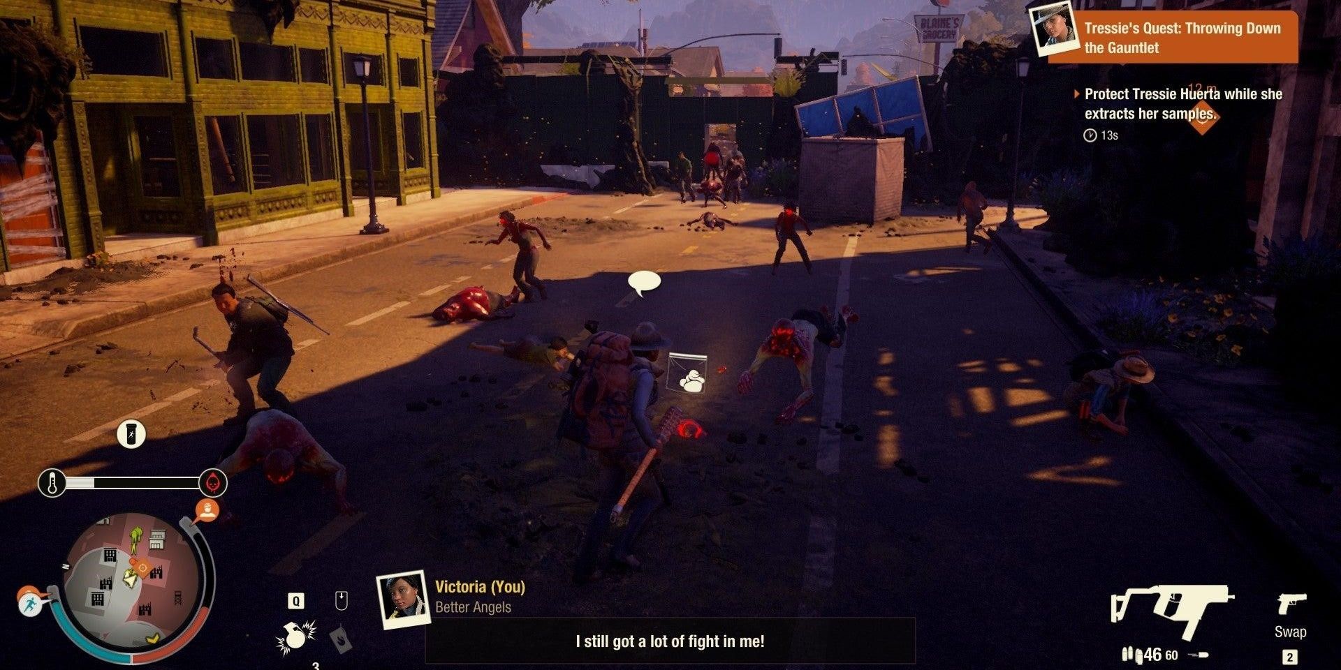 A player surrounded by dead zombies and other players while having the just keep going trait