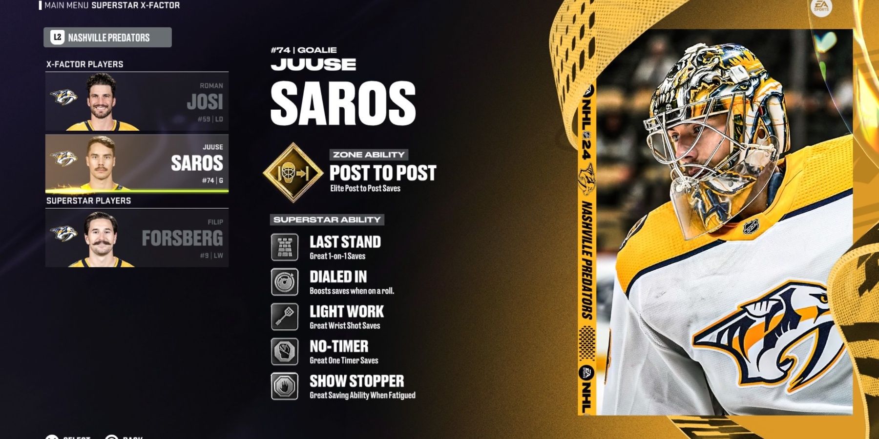 Una pantalla que muestra las habilidades de superestrella de Juuse Saros en NHL 24, con una foto de él a la derecha.