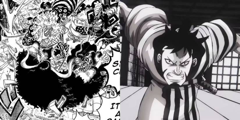 Kine'mon and the Red Scabbards fighting in Onigashina, comparison between the Anime and the Manga