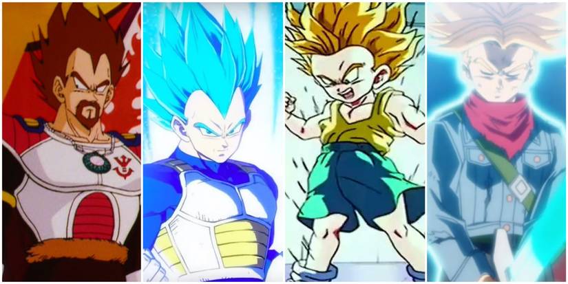 King Vegeta in Dragon Ball Z, Prince Vegeta in FighterZ, Kid Trunks in Dragon Ball Z, and Trunks in Dragon Ball Super