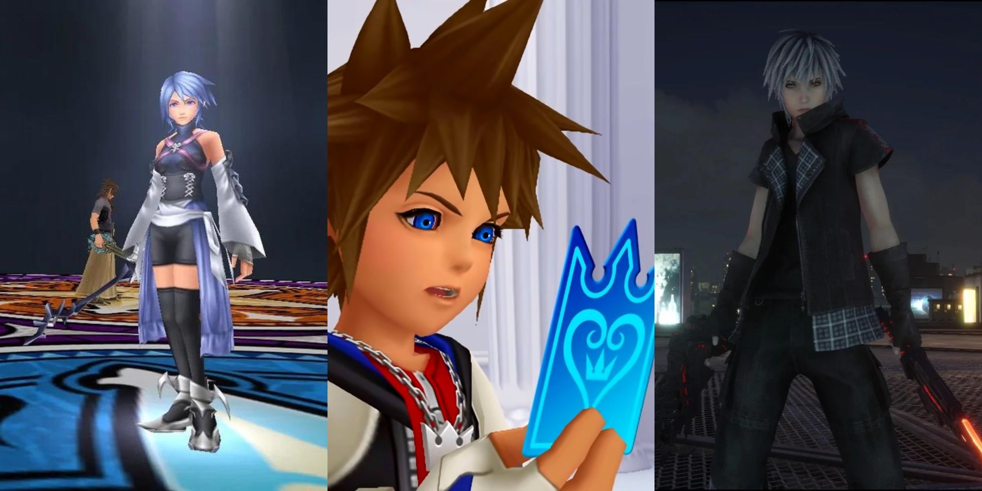 A collage of some of the hardets Kingdom Hearts games to complete: Birth by Sleep, Re: Chain of Memories and Kingdom Hearts 3 Re Mind