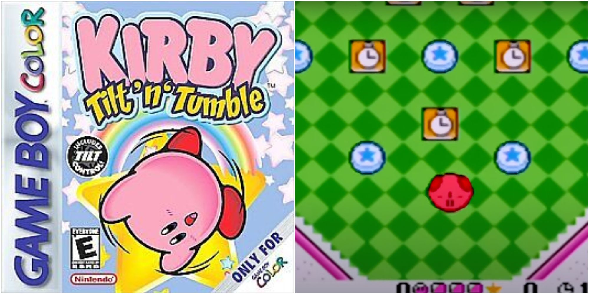 Kirby Tilt 'n' Tumble Game Boy Color game cover, next to a screenshot of gameplay where Kirby is rolling around