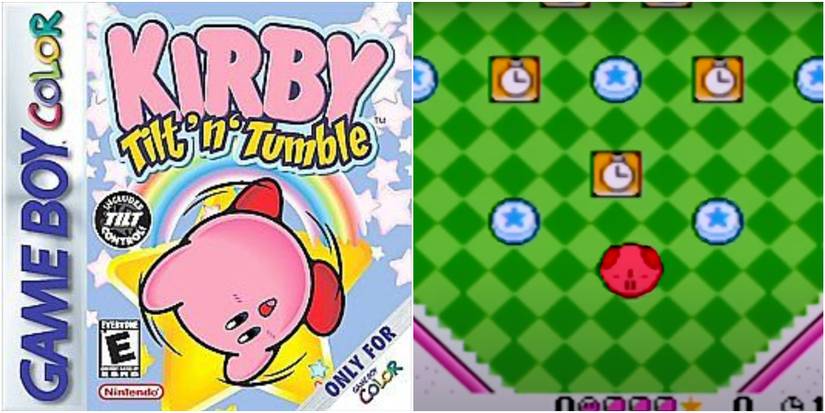 Kirby Tilt 'n' Tumble Game Boy Color game cover, next to a screenshot of gameplay where Kirby is rolling around