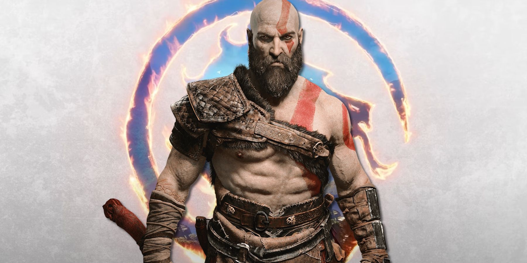 Kratos over Mortal Kombat 1 logo