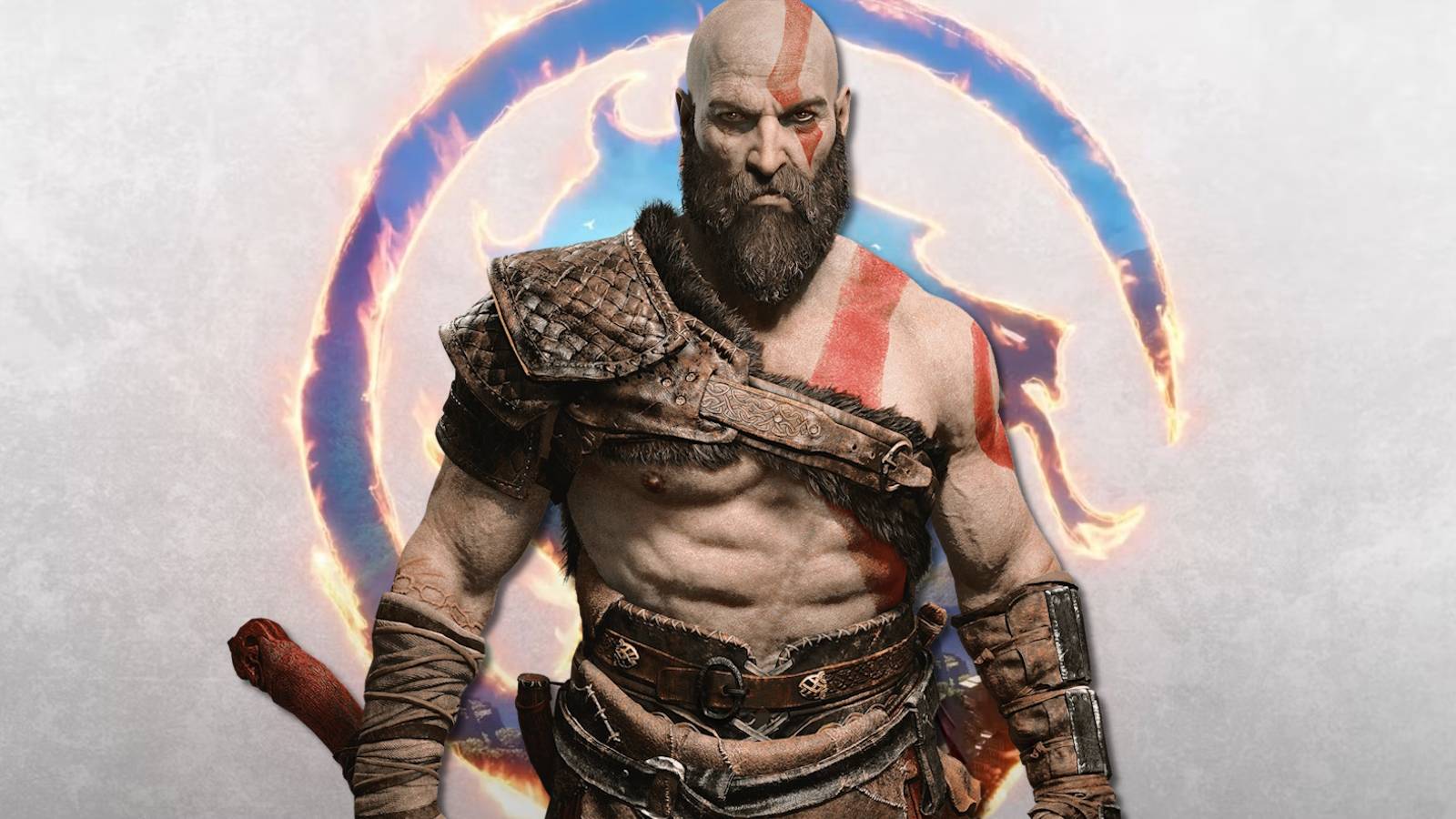 Kratos over Mortal Kombat 1 logo