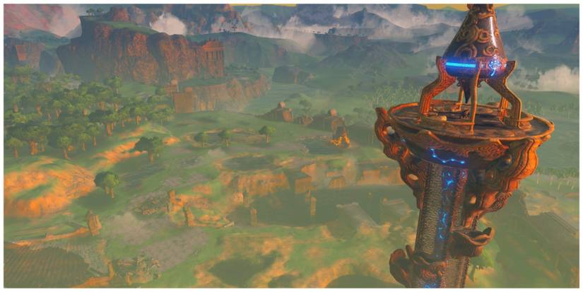 The Great Plateau, or a large and empty green area, with a mystical looking tower in the foreground