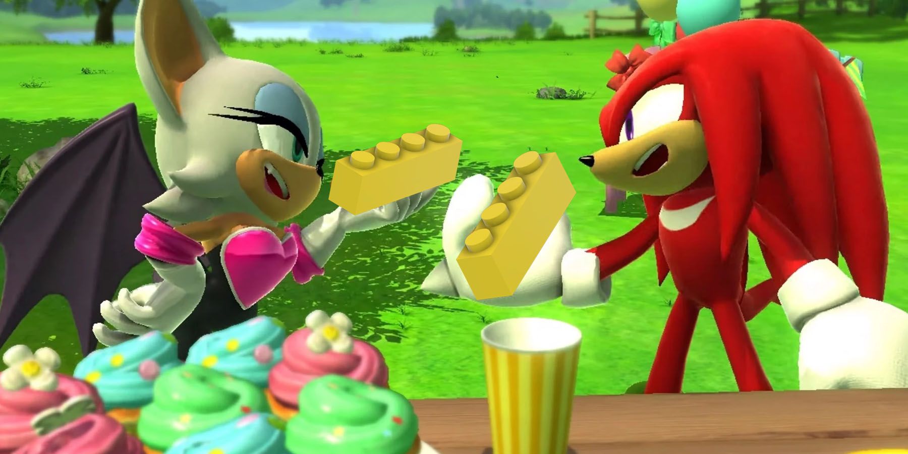 A screenshot of Knuckles the Echidna and Rouge the Bat holding yellow LEGO bricks in Sonic Generations.