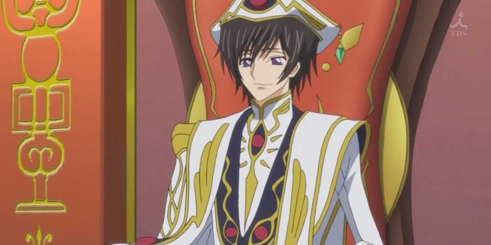 Lelouch vi Britannia sits on his throne after taking over the world in Code Geass.