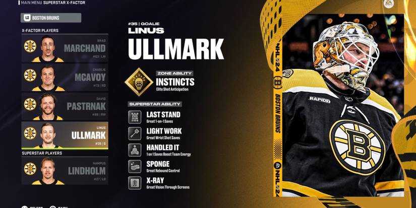 A screen showing the superstar abilities of Linus Ullmark in NHL 24