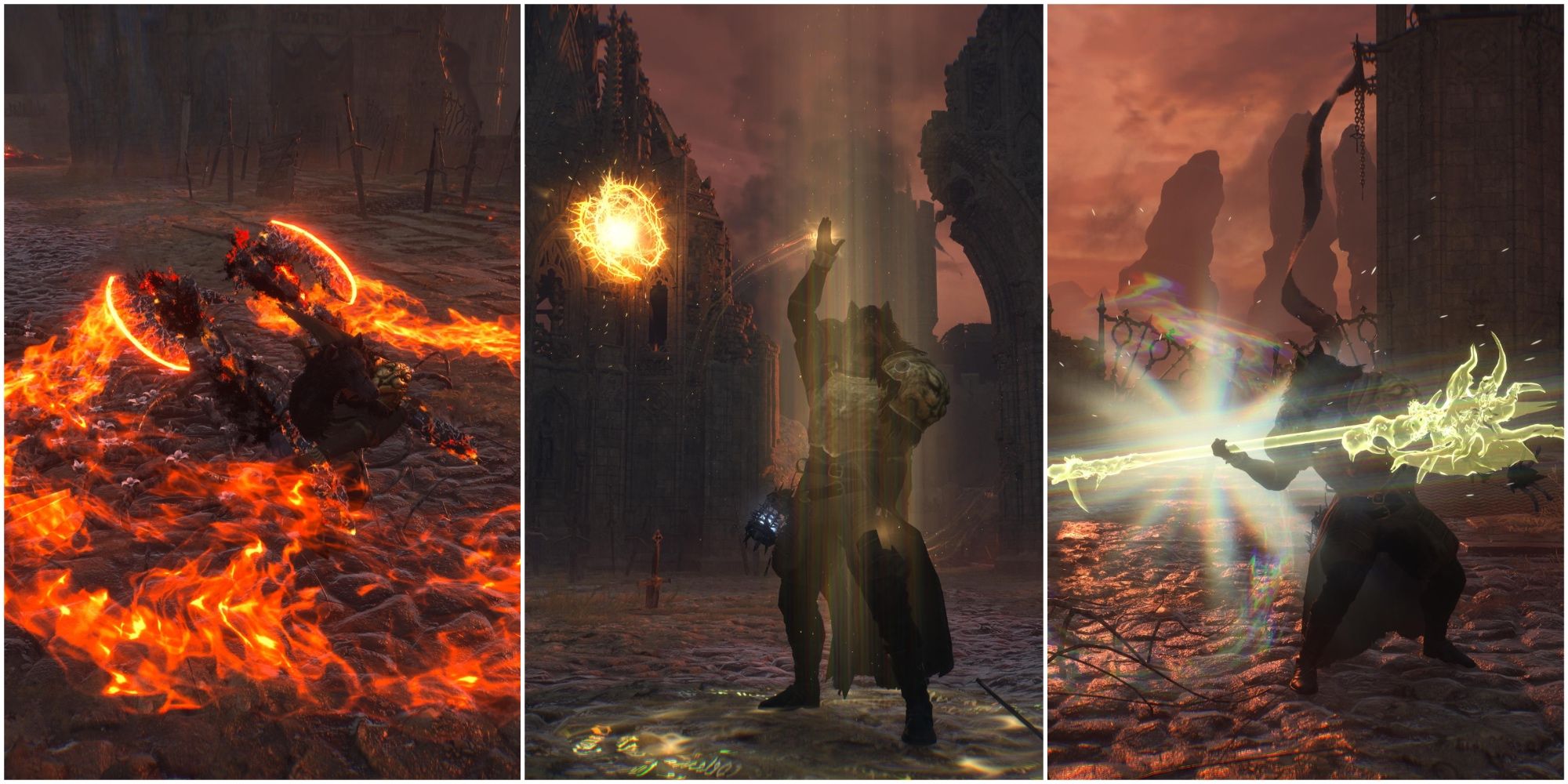 Split image showing different spells from Catalysts in Lords of the Fallen.