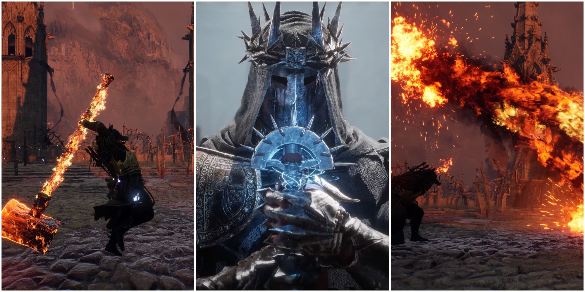 Split image showing different infernal spells in Lords of the Fallen.