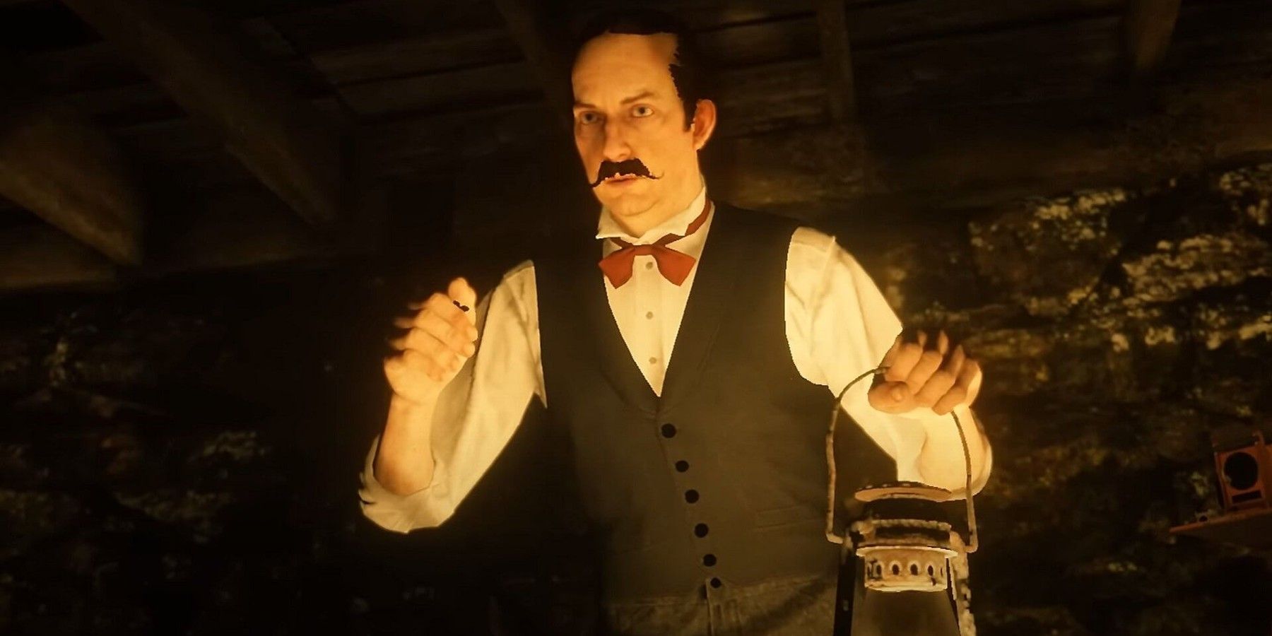 Close up of Edmund Lowry, Jr from RDR2 holding a lantern