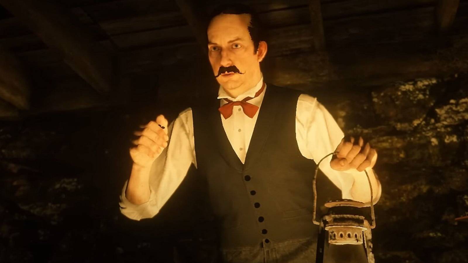 Close up of Edmund Lowry, Jr from RDR2 holding a lantern