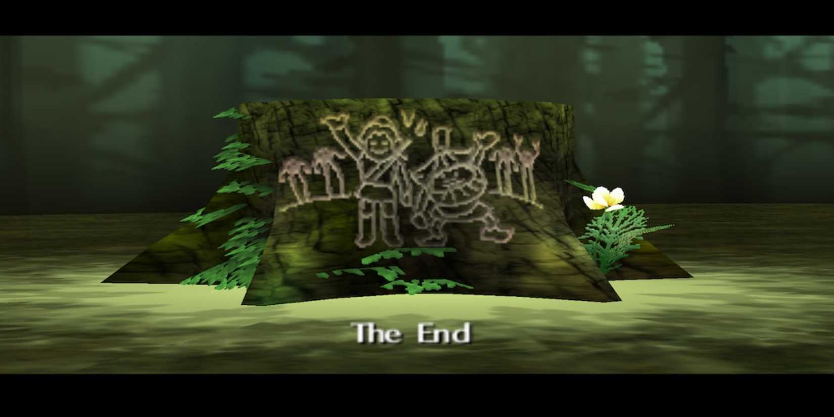 A drawing of Link and Skull Kid on a tree stump