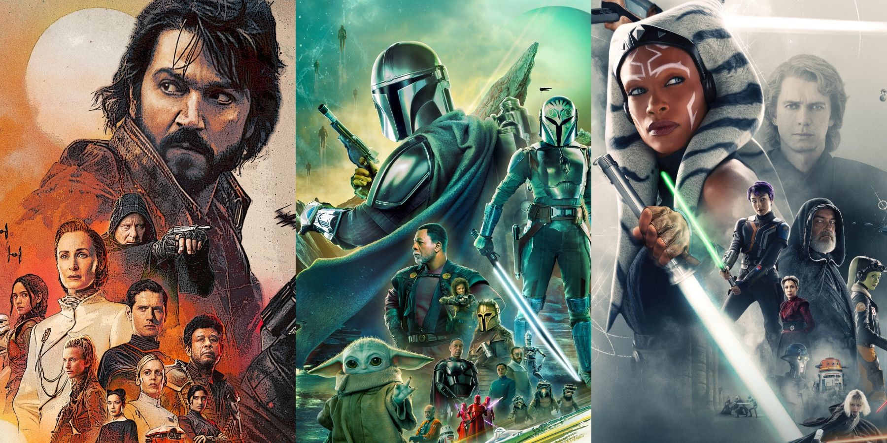 Posters for Star Wars shows/series The Mandalorian, Andor, and Ahsoka