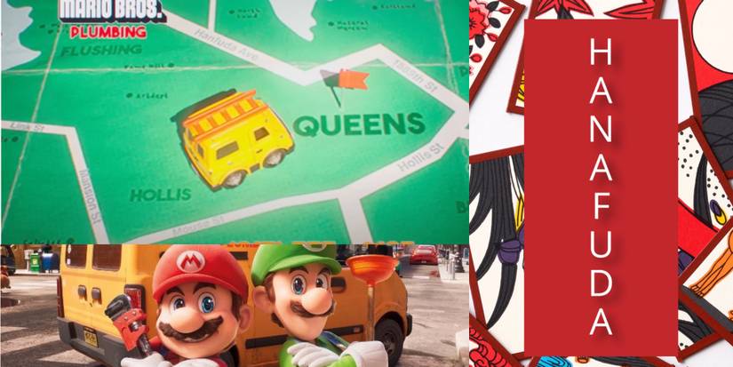 screenshots of plumbing advert from the Mario 2023 movie and the text "Hanafuda" next to it 