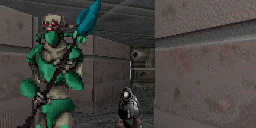 First-person view of the protagonist in a space ship's hallway, with a tall, gray alien in green armor in pursuit.