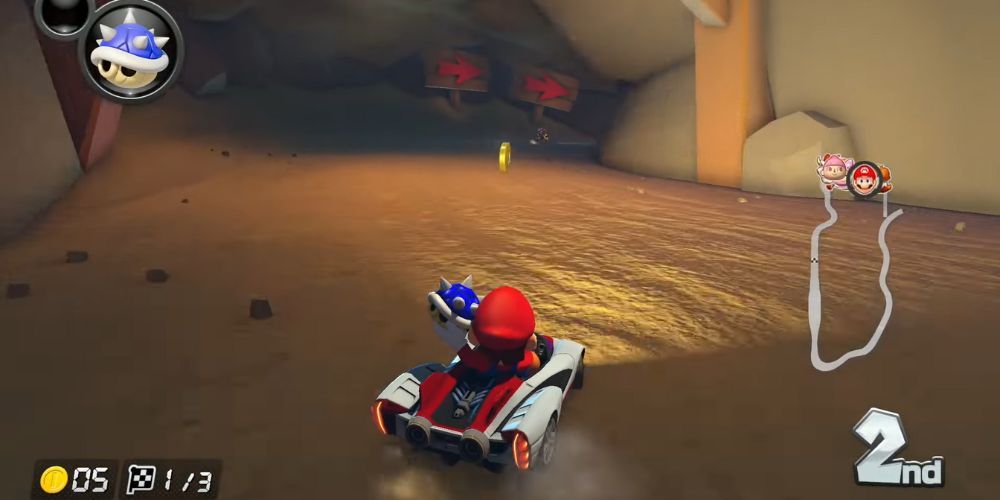 Mario using the Blue Shell in Mario Kart 8 Deluxe