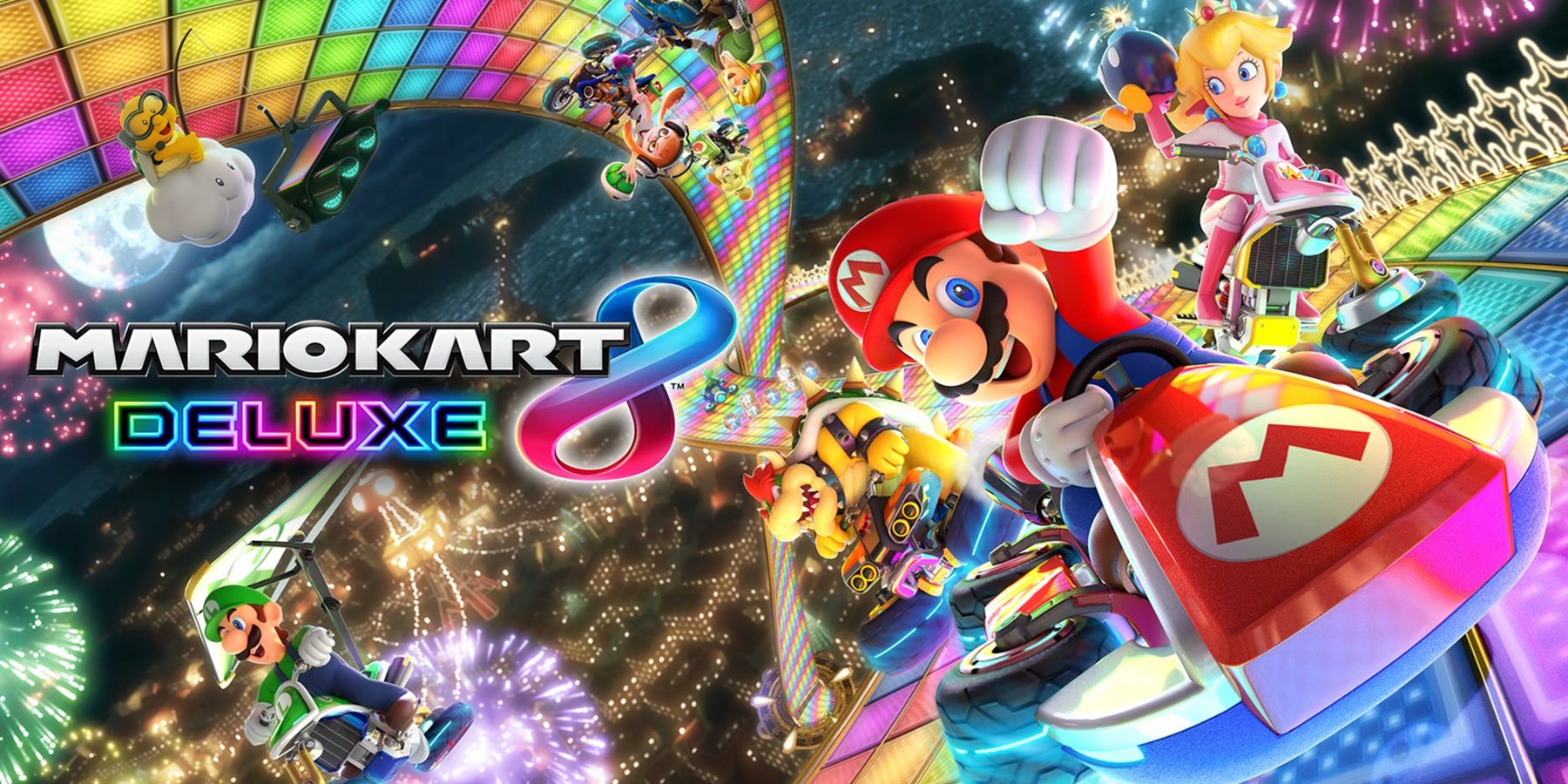 Mario Kart 8 Deluxe promotional banner with few main characters 