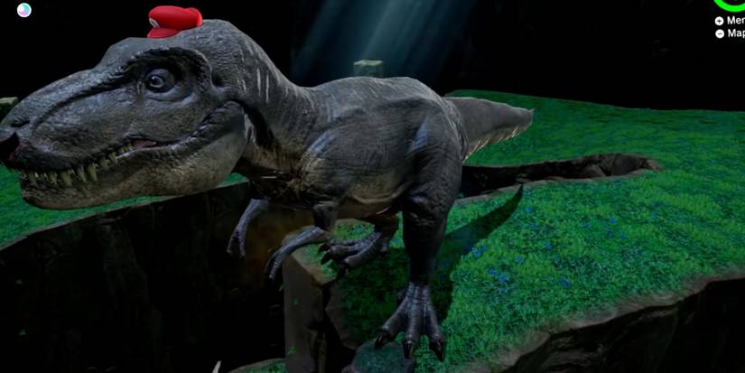Super Mario Odyssey - Cappy on top of a T-Rex
