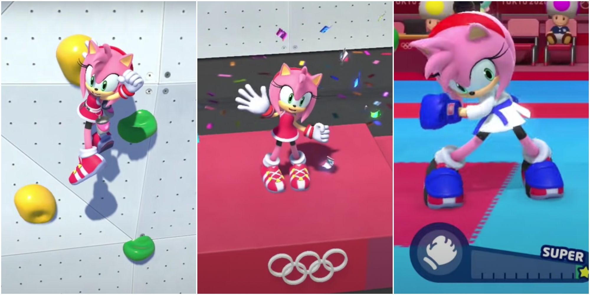 Mario & Sonic en los Juegos Olímpicos: Amy compitiendo en escalada y boxeo, además de ella en el primer podio