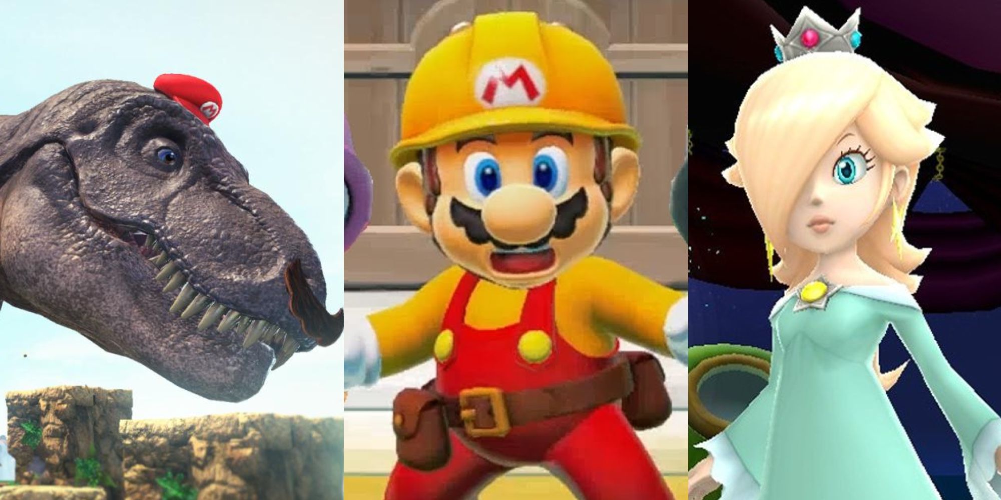 A T-Rex with Mario's hat and stache; shocked Mario in his construction outfit; Rosalina standing