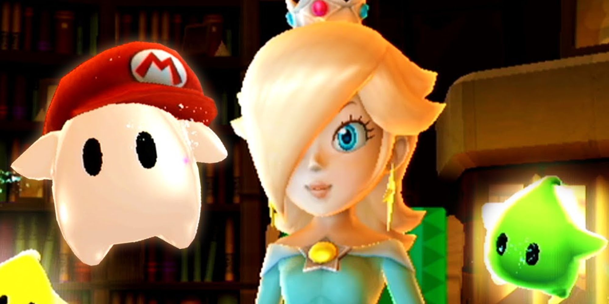 Rosalina and a Luma wearing Mario's hat