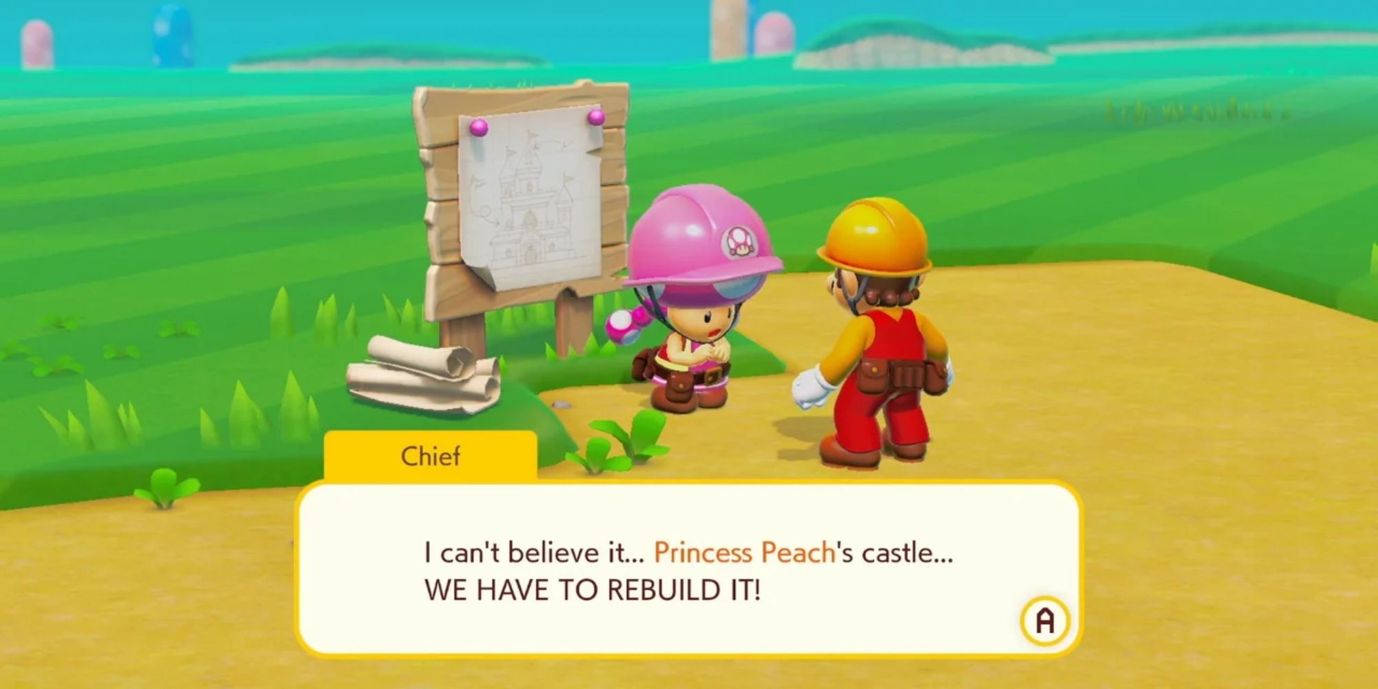 Mario and Toadette talking about repairing Peach's castle