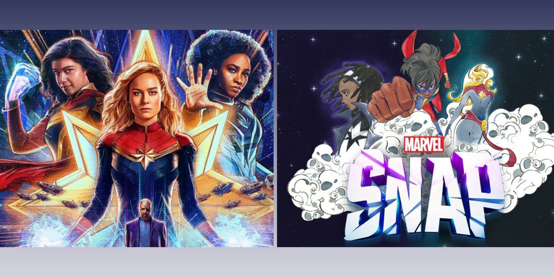 marvel snap higher further faster season cover art next to the marvels movie poster. 