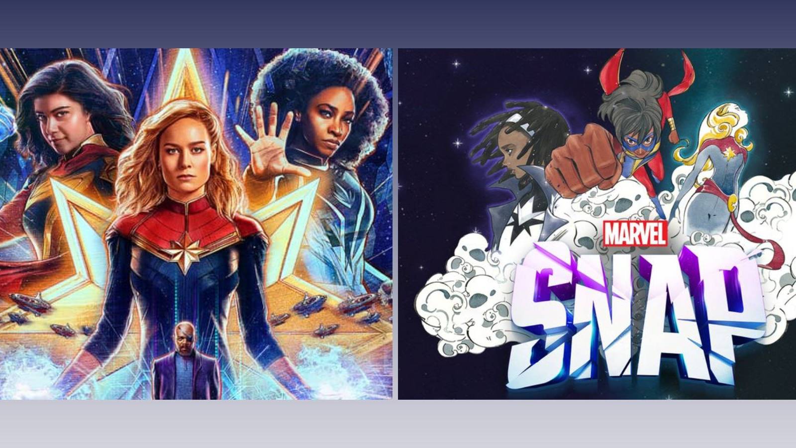 marvel snap higher further faster season cover art next to the marvels movie poster. 