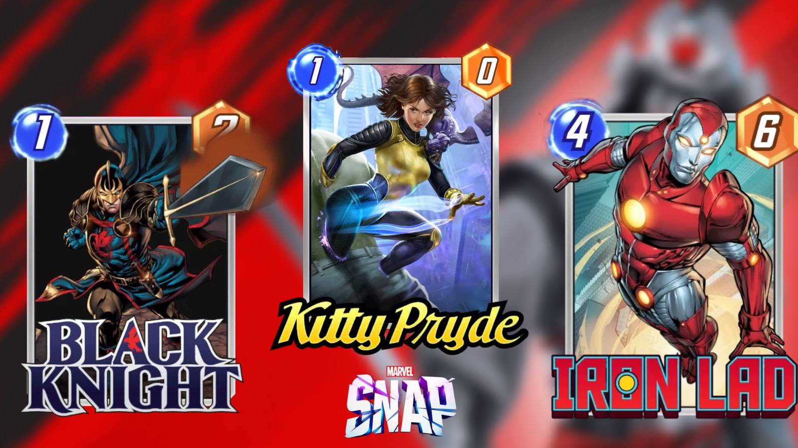 black knight, kitty pryde, and iron lad cards in marvel snap.