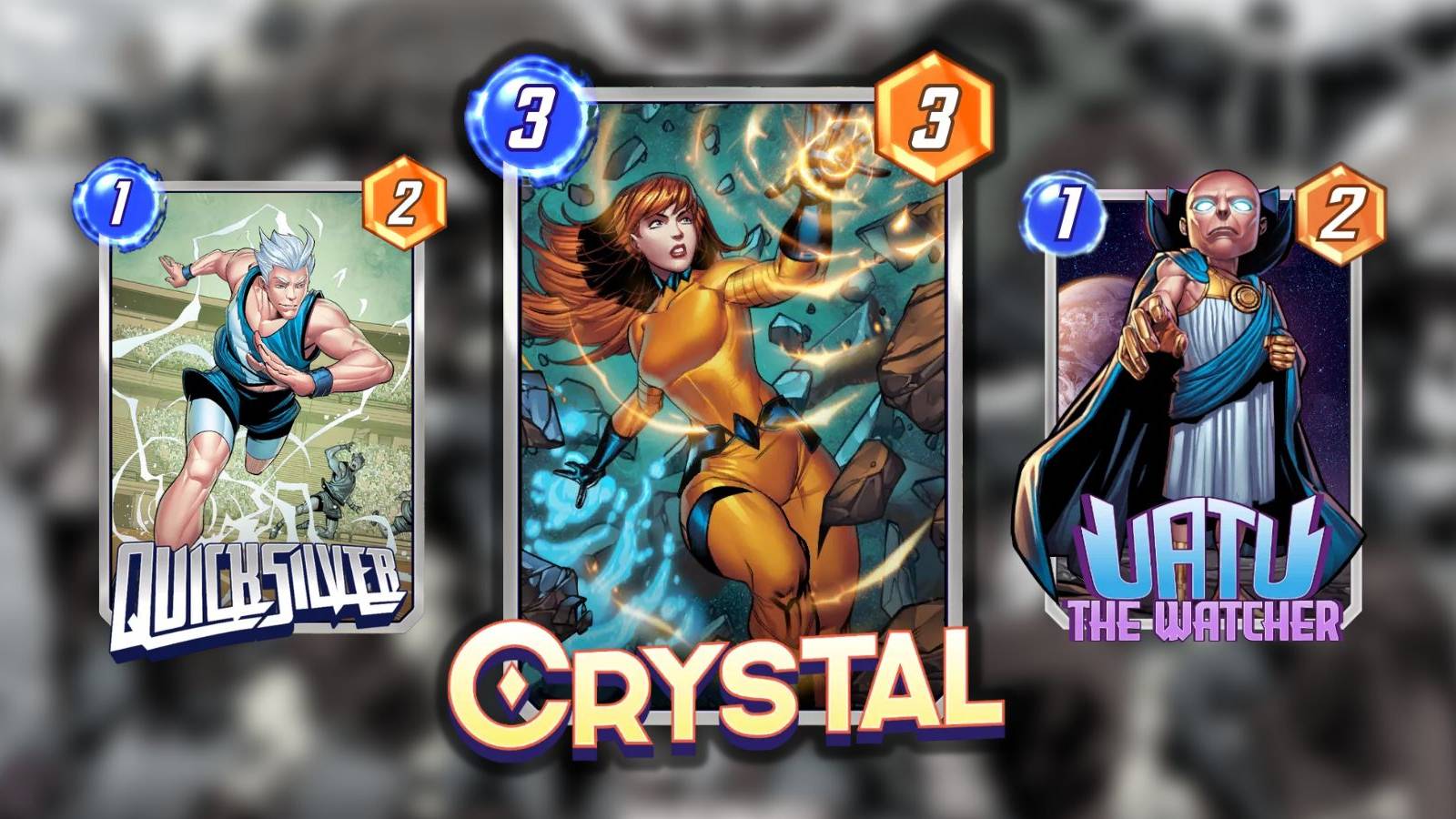 crystal, quicksilver, uatu cards in marvel snap.