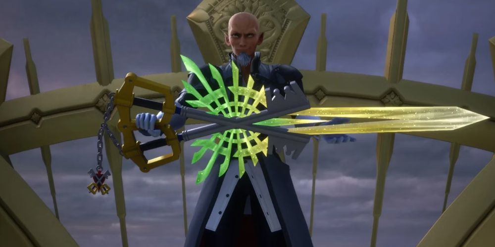 Master Xehanort wielding the X-Blade at the end of Kingdom Hearts 3