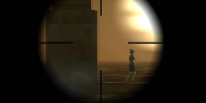 Metal Gear Emma on oil fence looking through scope