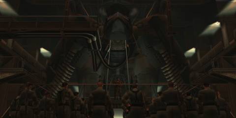 Marines standing and looking at Scott Dolph and Metal Gear Ray