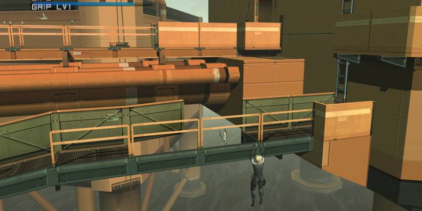 Raiden hanging off the edge of a strut connecting bridge