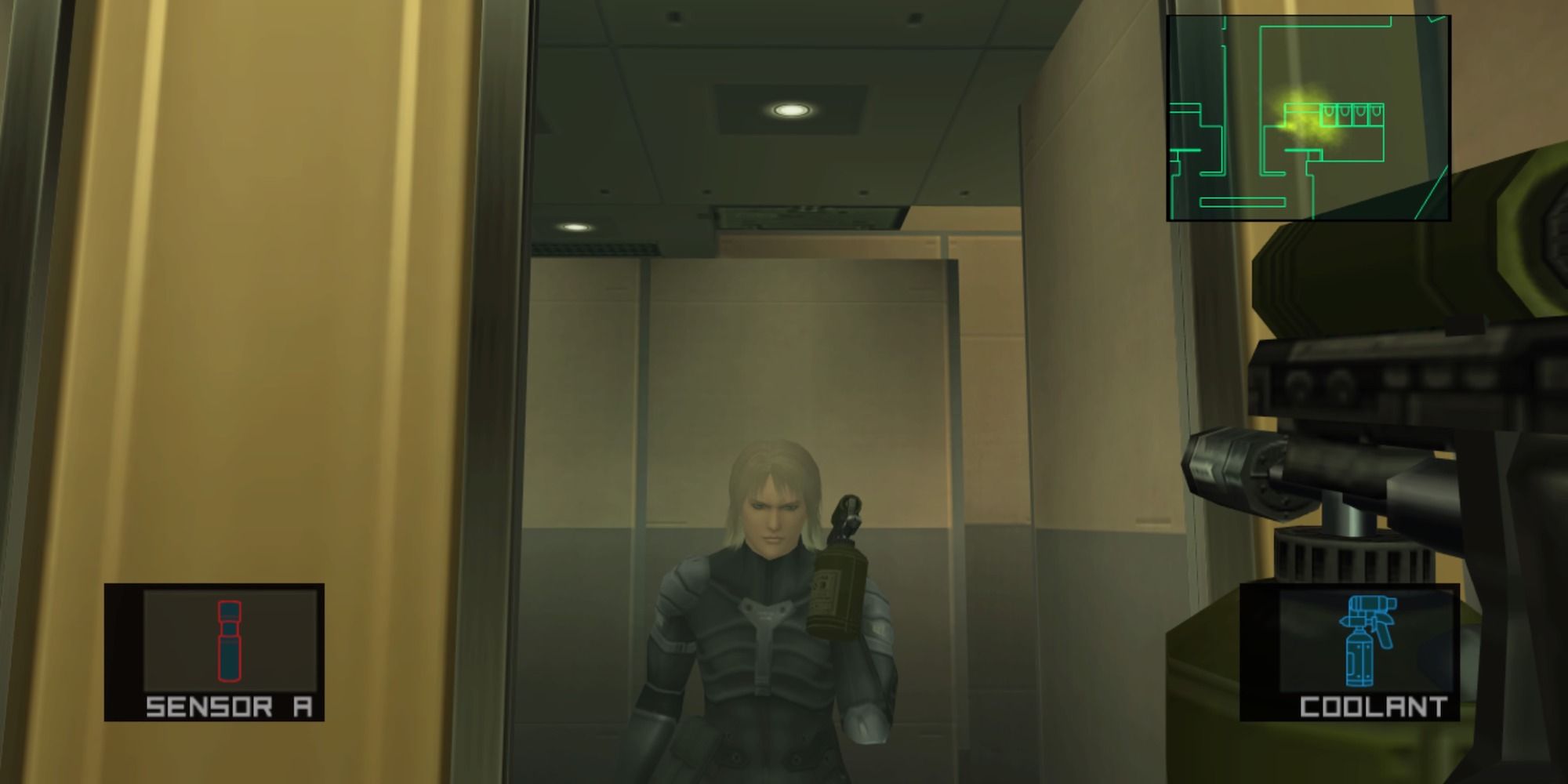 Raiden looking in the mirror with the coolant spray