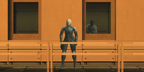 Raiden pressed up against a wall in Metal Gear Solid 2