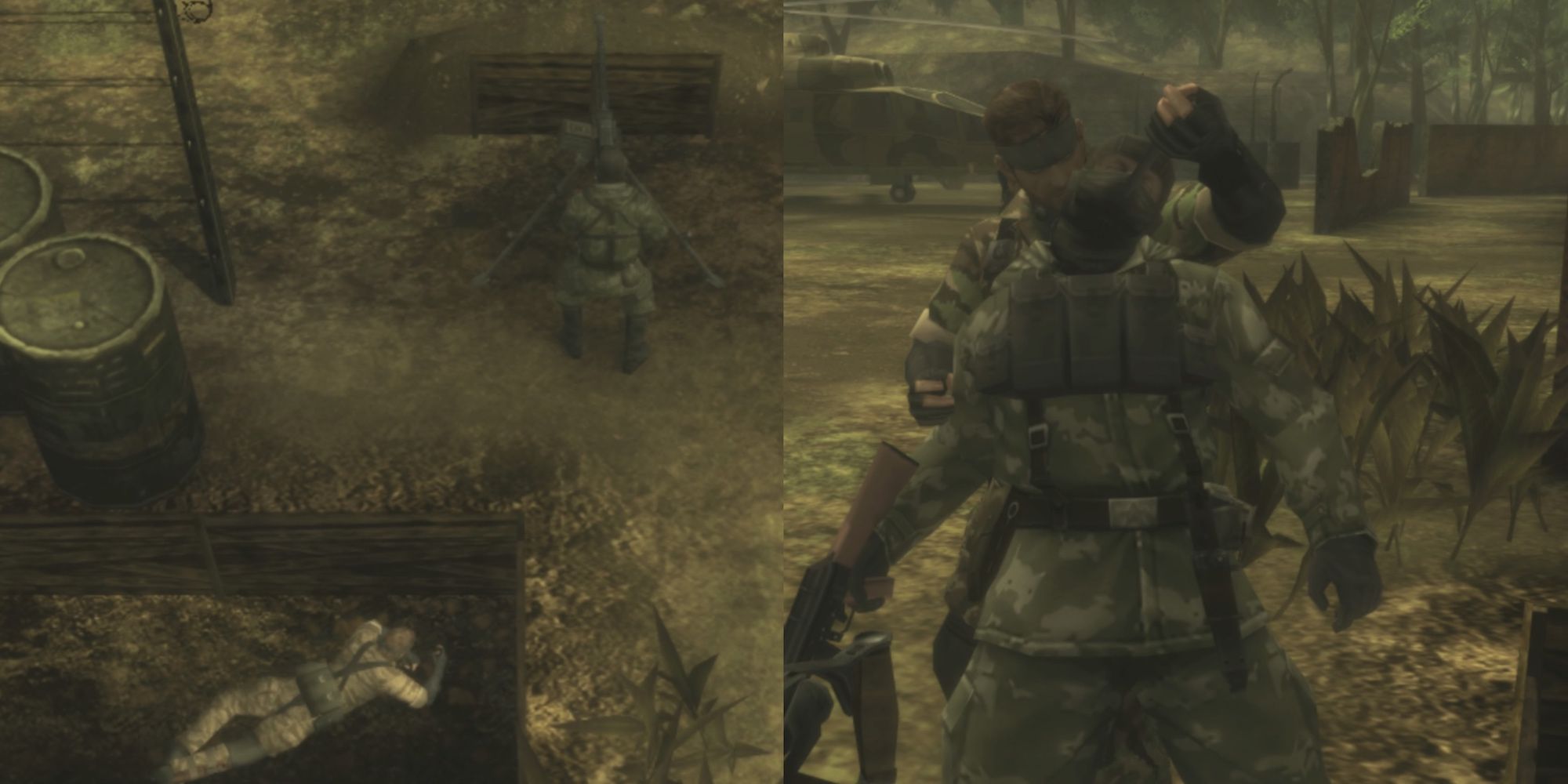 Metal Gear Solid 3 split image interrogating a guard