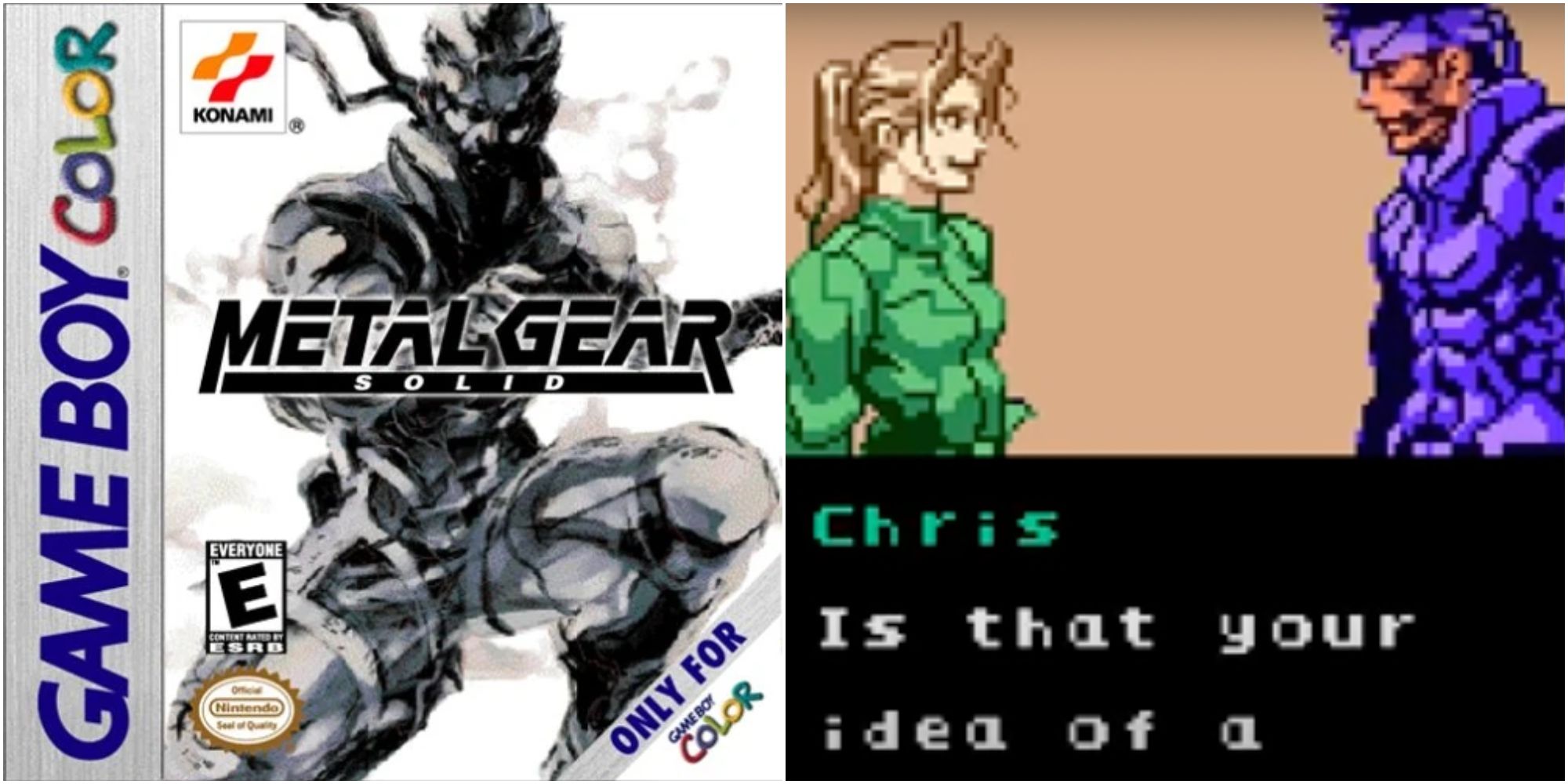 Metal Gear Solid Game Boy Color US cover, beside a cutscene of Snake and Chris speaking