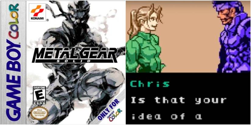 Metal Gear Solid Game Boy Color US cover, beside a cutscene of Snake and Chris speaking