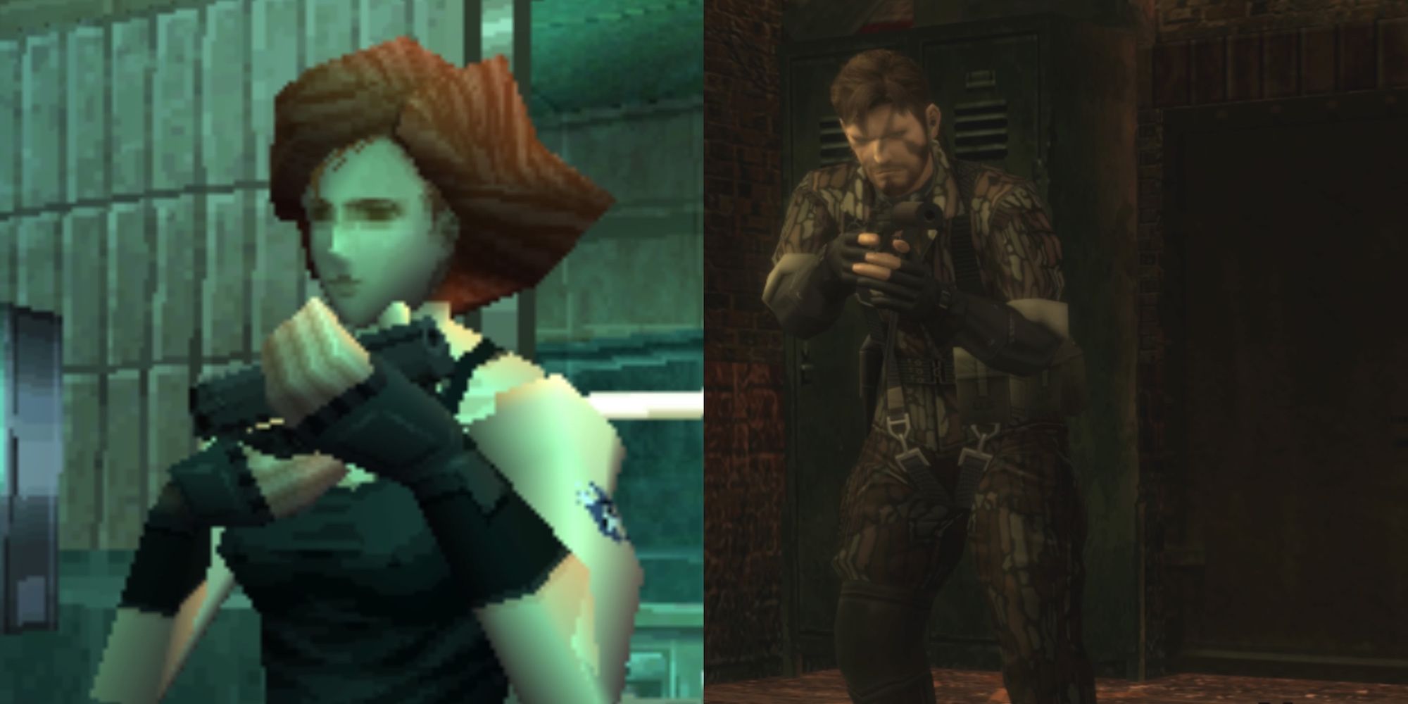 Metal Gear Solid Meryl and Naked Snake split image