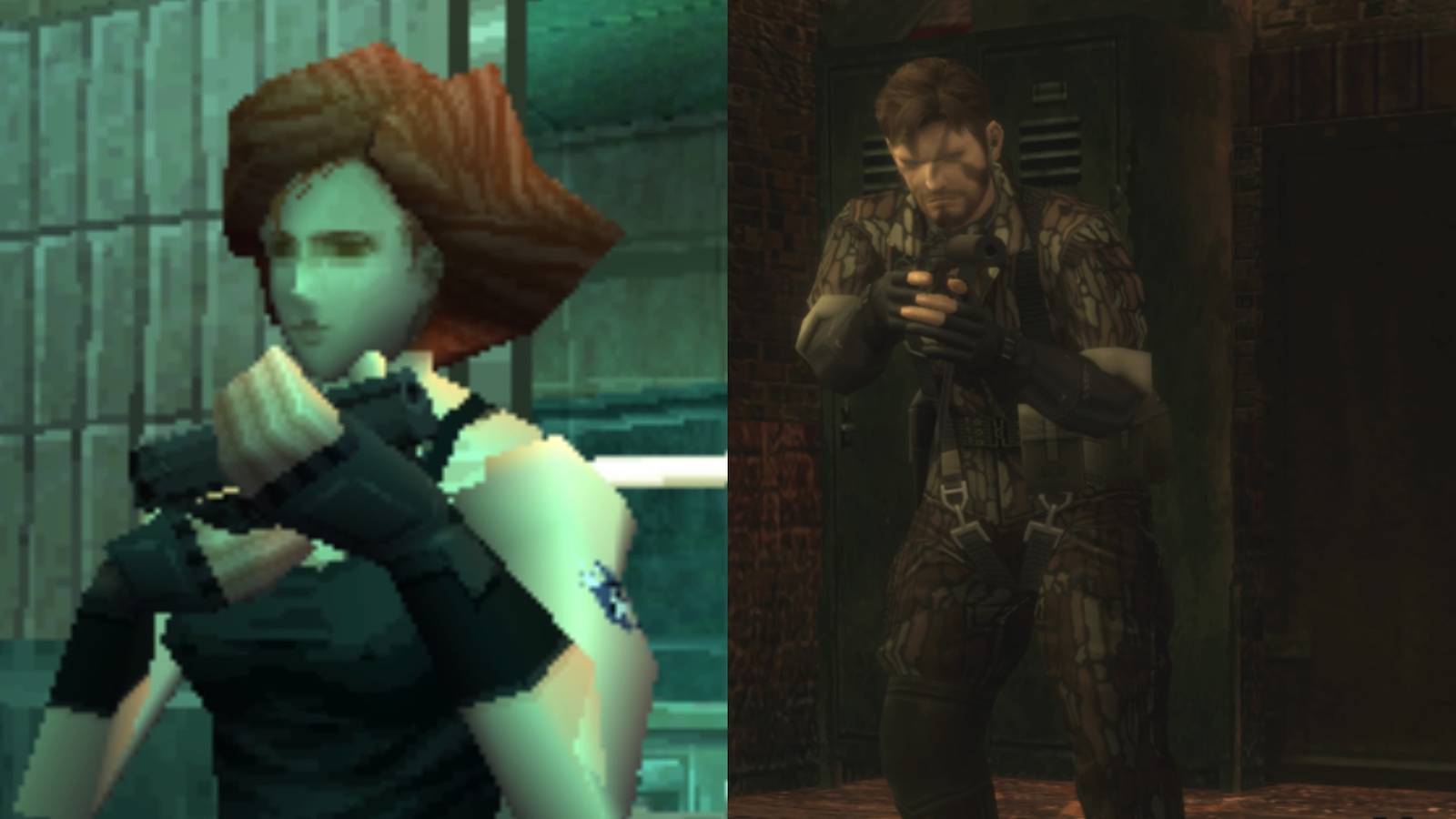 Metal Gear Solid Meryl and Naked Snake split image