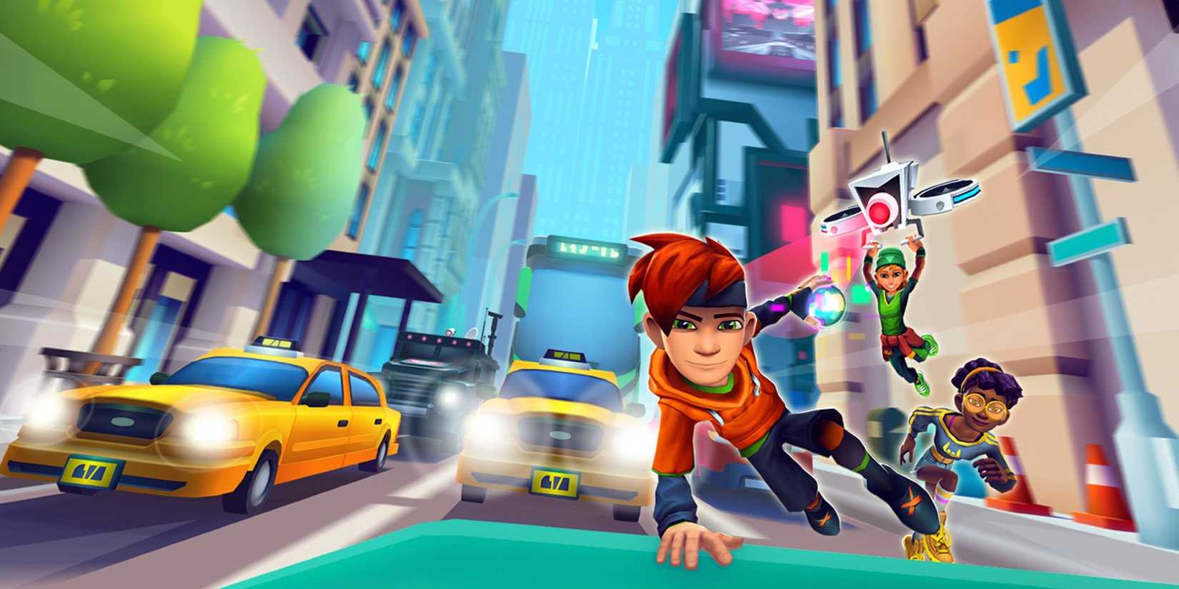 Metroland game promo shot of teens skating through street in traffic
