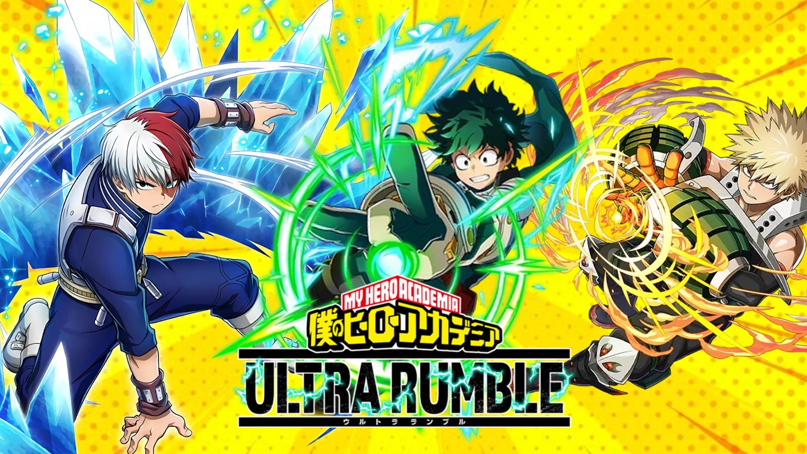 Shoto, Deku, and Bakugo with the Ultra Rumble logo.