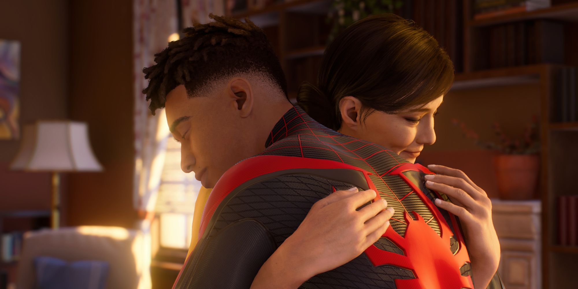 Miles hugging Rio in Marvel's Spider-Man 2