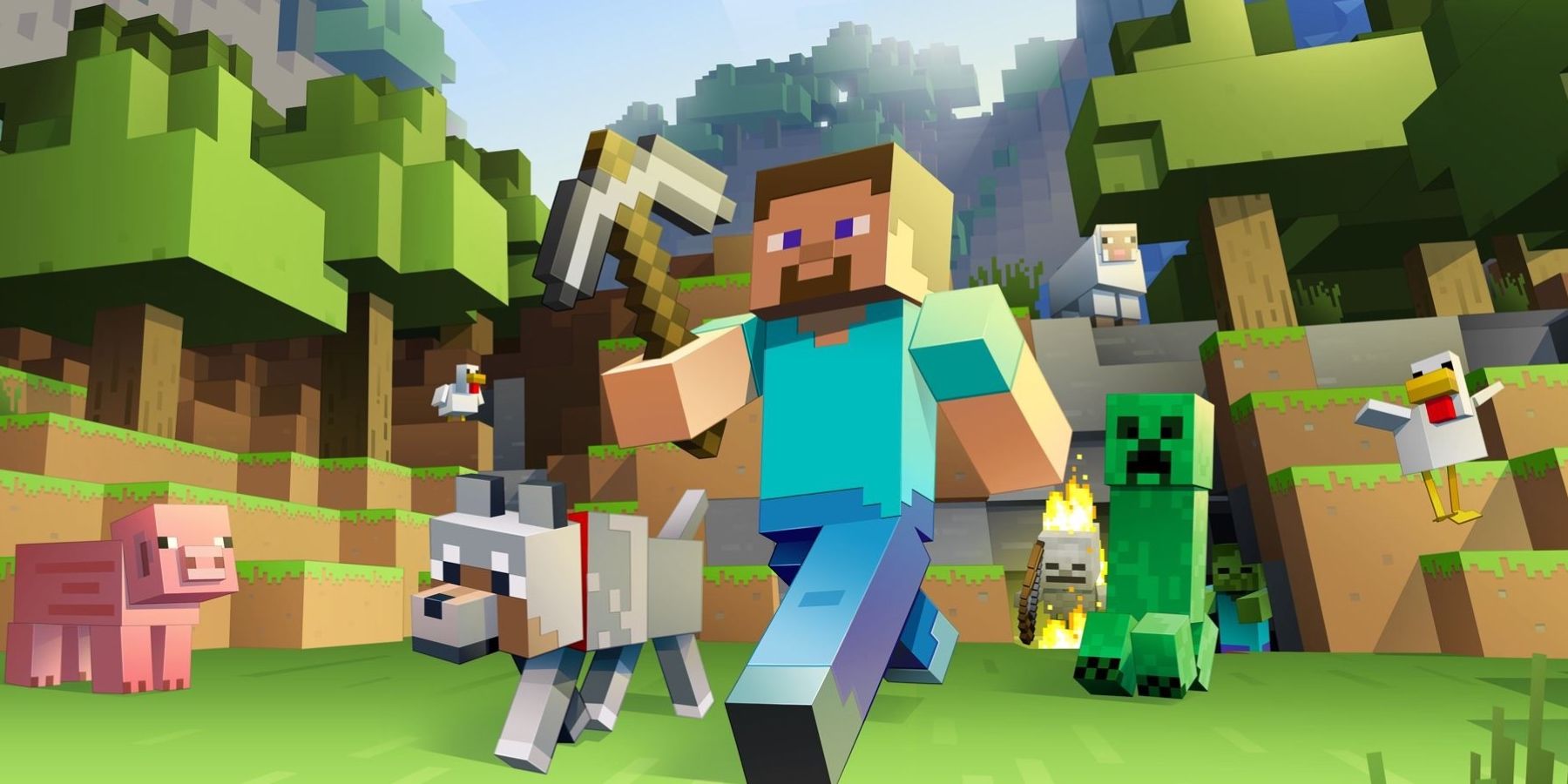 Steve and a dog being chased by a Creeper in Minecraft