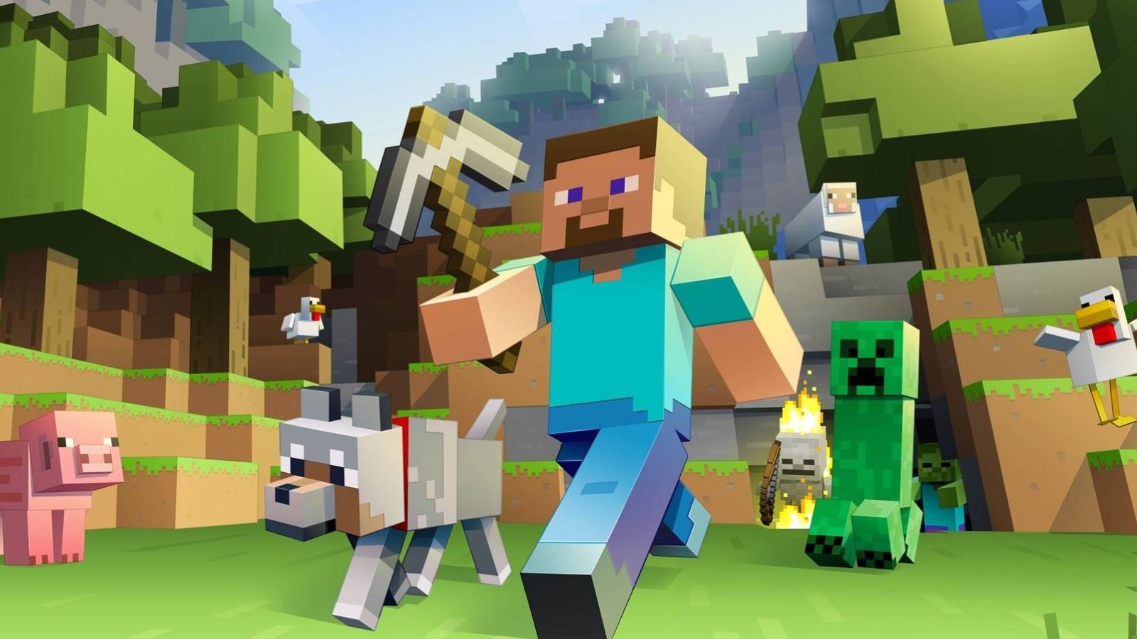 Steve and a dog being chased by a Creeper in Minecraft
